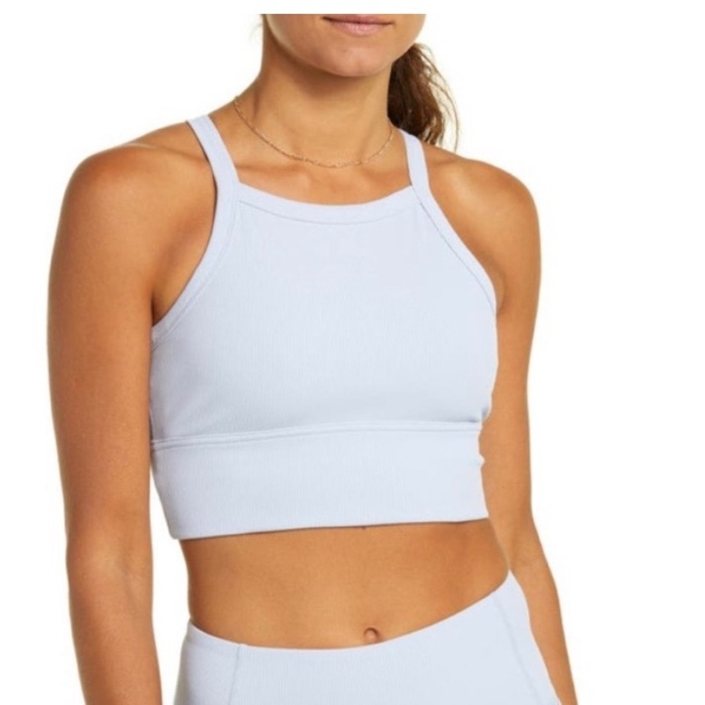 Zella Light Blue Longline Sports Bra High Neck Racerback Crop Top Womens S